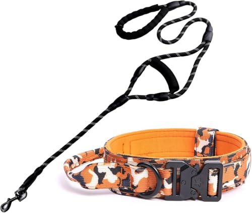 Taktisches Hundehalsband- und Leinenset, verstellbares reflektierendes Nylonhalsband for mittelgroße und große Hunde mit 1,5 m Langer Leine, Ausrüstung for das Training im Freien(Orange Set,M) von OAOAO