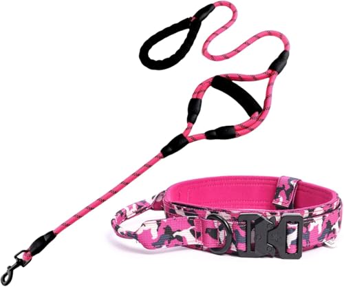 Taktisches Hundehalsband- und Leinenset, verstellbares reflektierendes Nylonhalsband for mittelgroße und große Hunde mit 1,5 m Langer Leine, Ausrüstung for das Training im Freien(Pink Set,M) von OAOAO
