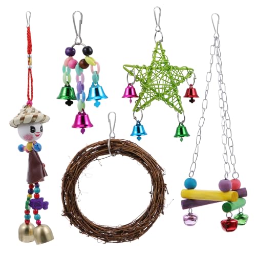 OATIPHO Papagei Spielzeug Sittich Vogelkäfig-Beißspielzeug Spielzeuge Vogel hängende Glocke Spielzeug Glocken Fink Spielzeug Haustier die Schaukel Reihe von Glocken hölzern von OATIPHO
