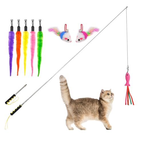 OBCLEUAEN Katzenstab-Spielzeug, interaktives Katzenspielzeug für Indoor-Katzen, 2 einziehbare Katzenstäbe, 8 Stück, Plüsch-Katzenspielzeug, Nachfüllpackungen für Indoor-Katzen zum Jagen und Trainieren OBCLEUAEN Katzenstab-Spielzeug, interaktives Katzenspielzeug für Indoor-Katzen, 2 einziehbare Katzenstäbe, 8 Stück, Plüsch-Katzenspielzeug, Nachfüllpackungen für Indoor-Katzen zum Jagen und Trainieren von OBCLEUAEN