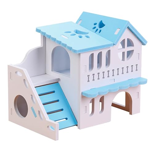Hamster-Tierversteck, Hamsterhaus, zweistöckige Haustierhütte aus Holz, Spielspielzeug Haustierkiste (Blue, One Size) von OBiQuzz