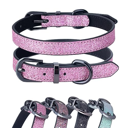 Bling Hundehalsband, Glitzer-Lederhalsband für kleine, mittelgroße Hündinnen, Katzen, schillernd, funkelnd, XS, S, Hundehalsband für Jungen und Mädchen (Rosa-M von OCTBERSIEG