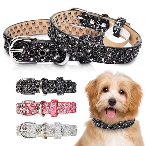 OCTBERSIEG Lederhalsband mit Strasssteinen – Schwarz Bling für kleine bis große Hunde – glitzernder Diamant-Glitzer von OCTBERSIEG
