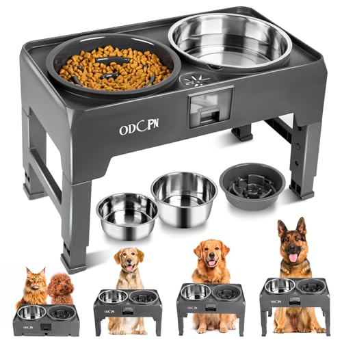 Erhöhte Slow Feeder Hundenäpfe, 6 Höhenverstellbare Erhöhte Hundenäpfe mit 2 Edelstahl & 1 Slow Feeder Hundenapf Rutschfester Hundefutterständer mit Auffangschublade Design für große mittelgroße Hunde von ODCPN