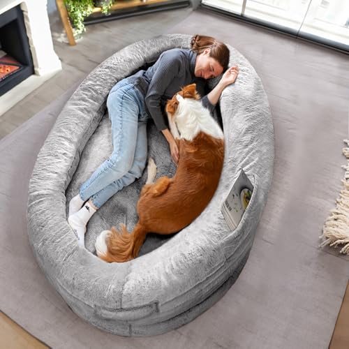 Hundebett für Menschen & Hunde | Riesiges Human Dog Bed für Menschen | Bequemes Hundebett für Menschen & Haustiere in Menschengröße für Erwachsene | Decke Inklusive & Abnehmbarer Bezug | Hellgrau von ODOXIA