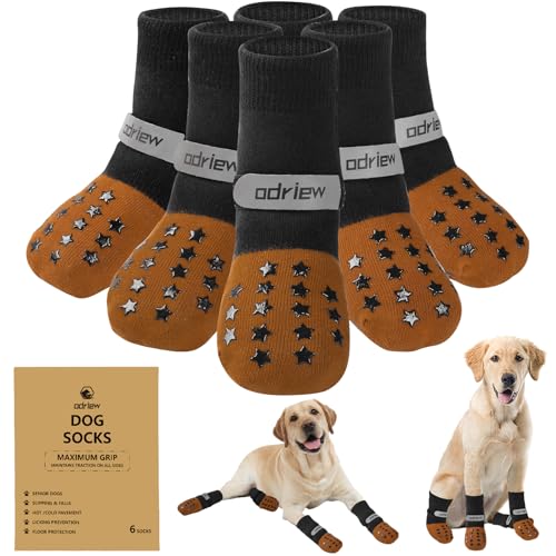ODRIEW Rutschfeste Hundesocken, um das Lecken von Pfoten zu verhindern, doppelseitige Griffe, Hundesocken für Hartholzböden, rutschfest, mit elastischen reflektierenden Riemen für kleine, mittelgroße von ODRIEW