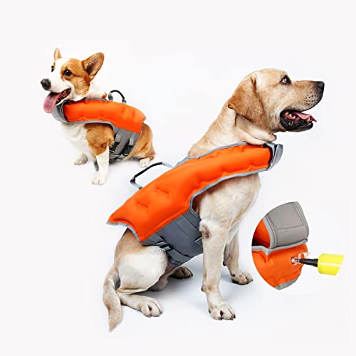 ODSSDAPU Aufblasbare Hundeschwimmwesten, Hunde-Schwimmweste, Sicherheits-Hunde-Schwimmweste, verstellbarer Hunde-Badeanzug mit hoher Sichtbarkeit, Ripstop-Haustier-Rettungsschutz, Orange, M von ODSSDAPU