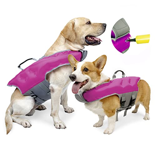 ODSSDAPU Aufblasbare Hundeschwimmwesten, Hunde-Schwimmweste, Sicherheits-Hunde-Schwimmweste, verstellbarer Hunde-Badeanzug mit hoher Sichtbarkeit, Ripstop-Haustier-Rettungsschutz, Rosa, L von ODSSDAPU