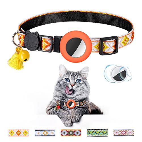 Airtag-Katzenhalsband mit Glöckchen, verstellbar, zum Abreißen, Kätzchenhalsbänder: Sicherheitsschnalle und Silikon-Airtag-Halterung, geometrisches Muster, Haustierhalsband (orange) von OEBEESA