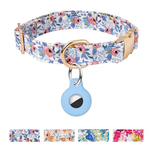 Hundehalsband, verstellbares Hundehalsband mit AirTag-Halter, niedliches Welpenhalsband mit Metallschnalle, weich gepolstert, blaues Blumenmuster, Haustierhalsband für kleine, mittelgroße und große Hundehalsband, verstellbares Hundehalsband mit AirTag-Halter, niedliches Welpenhalsband mit Metallschnalle, weich gepolstert, blaues Blumenmuster, Haustierhalsband für kleine, mittelgroße und große von OEBEESA