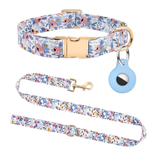 Hundehalsband und Leine, Set mit AirTag-Halter, verstellbare Hundehalsbänder mit Schnellverschluss-Metallschnalle, Blumenmuster mit weicher Polsterung für kleine, mittelgroße und große Hunde Hundehalsband und Leine, Set mit AirTag-Halter, verstellbare Hundehalsbänder mit Schnellverschluss-Metallschnalle, Blumenmuster mit weicher Polsterung für kleine, mittelgroße und große Hunde von OEBEESA