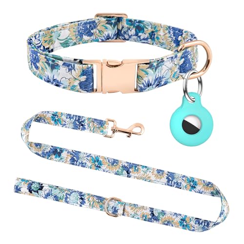 Hundehalsband und Leine, Set mit AirTag-Halter, verstellbare Hundehalsbänder mit Schnellverschluss-Metallschnalle, blaues Blumenmuster mit weicher Polsterung für kleine, mittelgroße und große Hunde Hundehalsband und Leine, Set mit AirTag-Halter, verstellbare Hundehalsbänder mit Schnellverschluss-Metallschnalle, blaues Blumenmuster mit weicher Polsterung für kleine, mittelgroße und große Hunde von OEBEESA