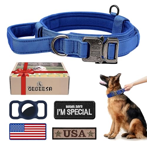 OEBEESA Taktisches Hundehalsband, verstellbar, Militär-Halsband: Nylon K9 Halsbänder mit Griff und robuster Metallschnalle für mittelgroße und große Hunde mit 3 Patches und Airtag-Etui-Halter (Blau, OEBEESA Taktisches Hundehalsband, verstellbar, Militär-Halsband: Nylon K9 Halsbänder mit Griff und robuster Metallschnalle für mittelgroße und große Hunde mit 3 Patches und Airtag-Etui-Halter (Blau, von OEBEESA