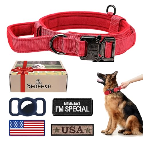 OEBEESA Taktisches Hundehalsband, verstellbar, Militär-Halsband: Nylon K9 Halsbänder mit Griff und robuster Metallschnalle für mittelgroße und große Hunde mit 3 Patches und Airtag-Etui-Halterung (Rot, OEBEESA Taktisches Hundehalsband, verstellbar, Militär-Halsband: Nylon K9 Halsbänder mit Griff und robuster Metallschnalle für mittelgroße und große Hunde mit 3 Patches und Airtag-Etui-Halterung (Rot, von OEBEESA