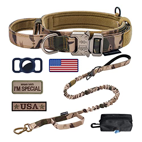 OEBEESA Taktisches Hundehalsband, verstellbares Militärhalsband: - Nylon K9 Halsbänder mit Griff und robuster Metallschnalle für mittelgroße und große Hunde mit 3 Patches und Airtag-Etui-Halter (XL, von OEBEESA