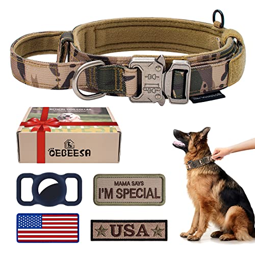 OEBEESA Taktisches Hundehalsband, verstellbares Militärhalsband: - Nylon K9 Halsbänder mit Griff und robuster Metallschnalle für mittelgroße und große Hunde mit 3 Patches und Airtag-Etui-Halter (XL, von OEBEESA
