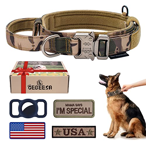 OEBEESA Taktisches Hundehalsband Verstellbares Militärhalsband:,Nylon K9 Halsbänder mit Griff und robuster Metallschnalle für mittelgroße und große Hunde mit 3 Patches und Airtag Case Halter (L, Camo) von OEBEESA