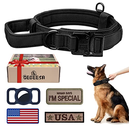 OEBEESA Taktisches Hundehalsband Verstellbares Militärhalsband: - Nylon K9 Halsbänder mit Griff und robuster Metallschnalle für mittelgroße Hunde mit 3 Patches und Airtag-Etui-Halter (M, Schwarz) von OEBEESA