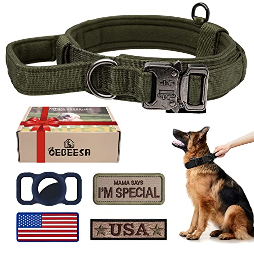 Taktisches Hundehalsband Verstellbares Militärhalsband Nylon K9 Halsbänder mit Kontrollgriff und robuster Metallschnalle für mittlere und große Hunde mit 3 Patches und AirtagCaseHalterung (M, von OEBEESA