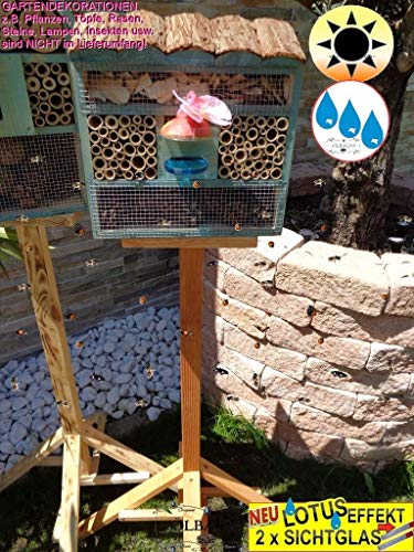 1x XL insektenhotel - Bienenhotel, mit Lotus+2xBrutröhrchen,Rindendach TÜRKIS Rindendach, Bienenhaus mit Standfuß UND TRÄNKE von ölbaum