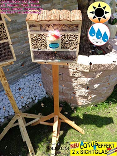 1x XL insektenhotel Rindendach, mit Lotus+2xBrutröhrchen, Bienenhaus mit Standfuß UND TRÄNKE insektenhotel NEU Holz Nistkasten, Natur-HOLZFARBEN von ölbaum