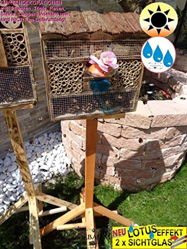 1x XL insektenhotel Rindendach, mit Lotus+2xBrutröhrchen, Bienenhaus mit Standfuß UND TRÄNKE insektenhotel braun von ölbaum