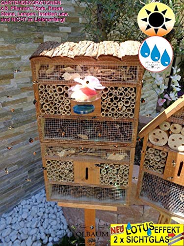 1x XXL insektenhotel Rindendach HOCH, mit Lotus+2xBrutröhrchen, Bienenhaus mit Standfuß UND TRÄNKE insektenhotel Rindendach HOCH braun von ÖLBAUM