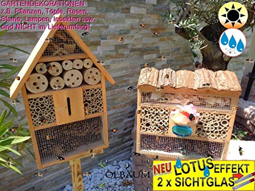 2 x XL Insektenhotels, mit Lotus+2xBrutröhrchen, viereckig/Quadrat + Hausform, Bienenhaus mit 2X Standfuß UND TRÄNKE insektenhotel braun von ölbaum