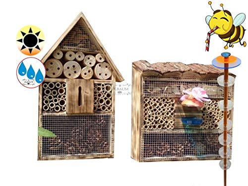 2X Insektenhotel türkisfarben + Gartendeko-Stecker, als funktionale Bienentränke + 2X Lotus BIENENHAUS Insektenhaus,XXL Bienenstock & Bienenfutterstation für Wildbienen, Hummeln Schmetterlinge von OELBAUM