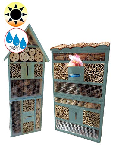 2X XXL insektenhotel - Bienenhotel, mit Lotus+2xBrutröhrchen, TÜRKIS meeresblau blau 2 x XXL Insektenhotels, Spitzdach groß + Flachdach hohe Form von ölbaum