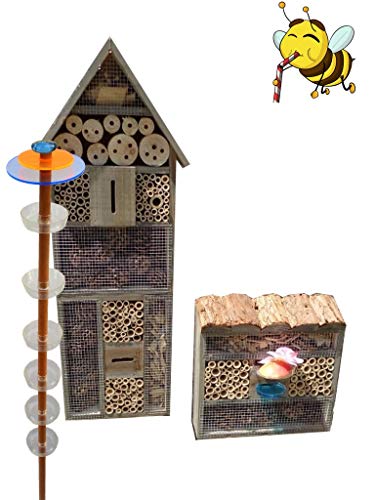 Black Gartendeko-Stecker mit Lichteffekt, Sonnenfänger als funktionale Bienentränke + 2X BIENENHAUS Insektenhaus,XXL Bienenstock & Bienenfutterstation für Wildbienen, Hummeln, schwarz lasiert von Ölbaum