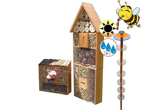 Gartendeko-Stecker mit Lichteffekt, Sonnenfänger als funktionale Bienentränke + 2X Lotus BIENENHAUS Insektenhaus,XXL Bienenstock & Bienenfutterstation, braun von OELBAUM