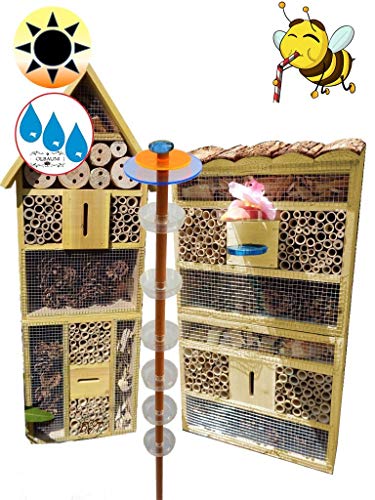 Gartendeko-Stecker mit Lichteffekt, Sonnenfänger als funktionale Bienentränke + 2X Lotus BIENENHAUS Insektenhaus,XXL Bienenstock & Bienenfutterstation für Wildbienen, Hummeln, Schmetterlinge von OELBAUM