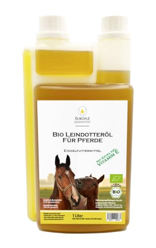 Leindotteröl für Pferde 1 Liter Dosierflasche, stets frisch aus 1. Kaltpressung, naturbelassen, mit Öko-Strom in Niedersachsen hergestellt, reich an Vitamin E, ideal für den Fellwechsel von Ölmühle Godenstedt