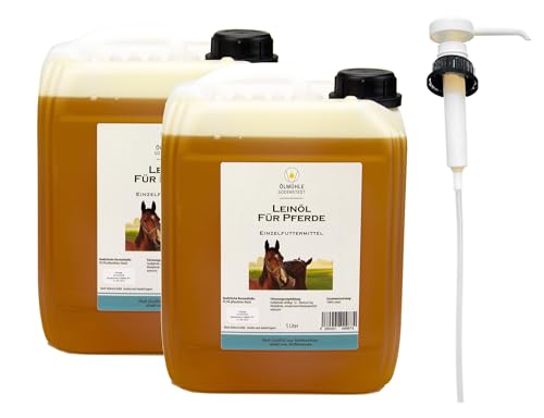 Leinöl für Pferde, stets frisch 10 Liter (2x5l) Kanister incl. Einer Dosierpumpe, naturbelassen, reich an Omega3, ideal für den Fellwechsel von Ölmühle Godenstedt
