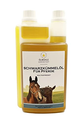 Schwarzkümmelöl für Pferde | 1 Liter Dosierflasche | frisch gepresst ohne künstliche Zusätze | mit Öko-Strom in Niedersachsen hergestellt, direkt von der Ölmühle Godenstedt von Ölmühle Godenstedt