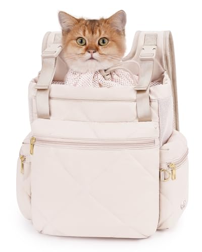 OFY Katzentragetasche, Puff-Rucksack, atmungsaktiv, für kleine Hunde, großer Platz für kleine Hunde, Kordelzug und wasserabsorbierende Haustiertasche für Reisen, Wandern, Beige-Grau, zum Patent von OFY