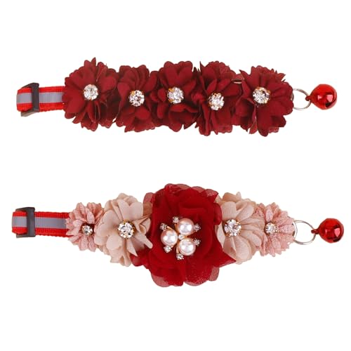 XQ102-3 Katzenhalsband, rosa Blumenmuster mit Glocke und abnehmbarer Blume, Fliege, verstellbar, für Mädchen, Kätzchen, Welpen, kleine Katzen, Hunde, tägliche Dekoration (XQ102-3) von OGEFOTED