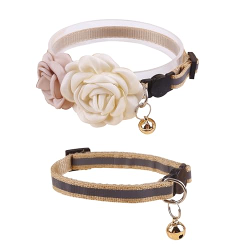 XQ7-2 Katzenhalsband, rosa Blumenmuster mit Glocke und abnehmbarer Blume, Fliege, verstellbar, für Mädchen, Kätzchen, Welpen, kleine Katzen, Hunde, tägliche Dekoration (XQ7-2) von OGEFOTED