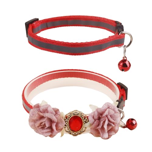 XQ72-2 Katzenhalsband, rosa Blumenmuster mit Glocke und abnehmbarer Blume, Fliege, verstellbar, für Mädchen, Kätzchen, Welpen, kleine Katzen, Hunde, tägliche Dekoration (XQ72-2) von OGEFOTED