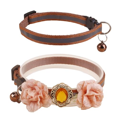 XQ72-4 Katzenhalsband, rosa Blumenmuster mit Glocke und abnehmbarer Blume, Fliege, verstellbar, für Mädchen, Kätzchen, Welpen, kleine Katzen, Hunde, tägliche Dekoration (XQ72-4) von OGEFOTED
