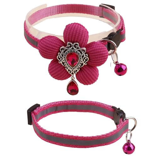 XQ82-3 Katzenhalsband, rosa Blumenmuster mit Glocke und abnehmbarer Blume, Fliege, verstellbar, für Mädchen, Kätzchen, Welpen, kleine Katzen, Hunde, tägliche Dekoration (XQ82-3) von OGEFOTED