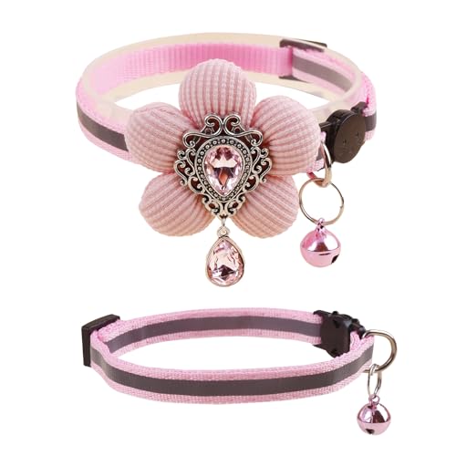XQ82-4 Katzenhalsband, rosa Blumenmuster mit Glocke und abnehmbarer Blume, Fliege, verstellbar, für Mädchen, Kätzchen, Welpen, kleine Katzen, Hunde, tägliche Dekoration (XQ82-4) von OGEFOTED