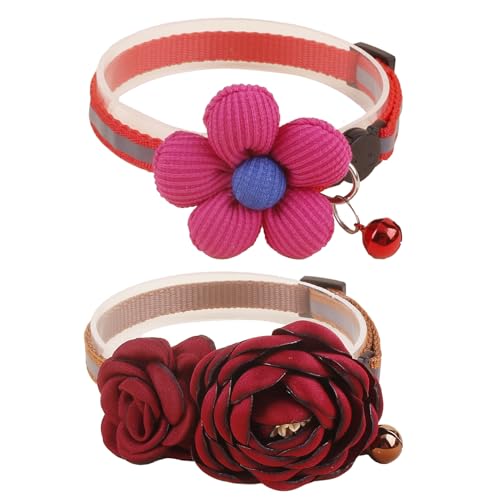 XQ92-1 Katzenhalsband, rosa Blumenmuster mit Glocke und abnehmbarer Blume, Fliege, verstellbar, für Mädchen, Kätzchen, Welpen, kleine Katzen, Hunde, tägliche Dekoration (XQ92-1) von OGEFOTED
