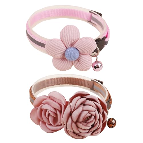 XQ92-2 Katzenhalsband, rosa Blumenmuster mit Glocke und abnehmbarer Blume, Fliege, verstellbar, für Mädchen, Kätzchen, Welpen, kleine Katzen, Hunde, tägliche Dekoration (XQ92-2) von OGEFOTED