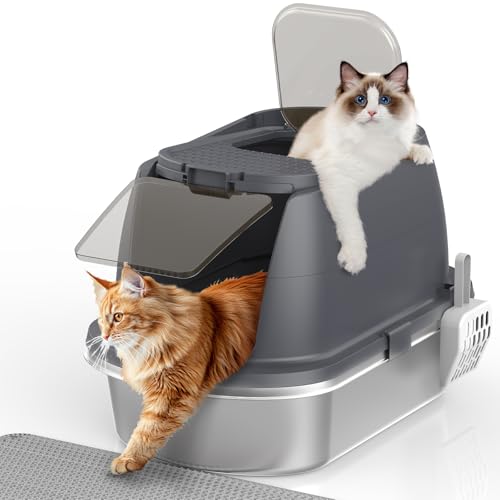 Katzentoilette aus Edelstahl mit Deckel, mit Kapuze, geschlossene Metall-Katzentoilette, abgedeckte Katzentoilette für einfache Reinigung und Geruchskontrolle, inklusive Schaufel und Katzentoilette, von OGEMXU