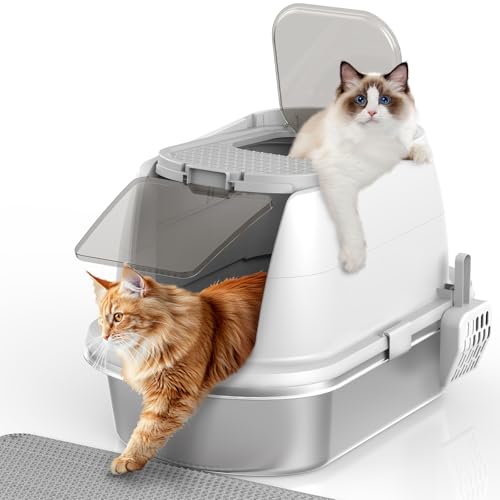 Katzentoilette aus Edelstahl mit Deckel, Deckel oben, geschlossene Katzentoilette für einfache Reinigung und Geruchskontrolle, inklusive Schaufel und Katzentoilette, Katzentoilette mit Kapuze für von OGEMXU
