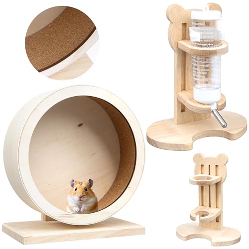 Hamsterrad und Wasserflaschenhalter aus Holz, für kleine Haustiere, leise Übung mit Wasserflaschenständer, Laufrad, Spielzeug für Kleintiere, Meerschweinchen, Rennmäuse, Ratten, Chinchillas, 2 Stück von OGMBI