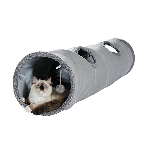 OHANA Schön Faltbar Katzentunnel Katzenspielzeug mit Ball Rascheltunnel für Katzen Welphln Kaninchenoder Kleintiere Grau 130 * 30cm von OHANA