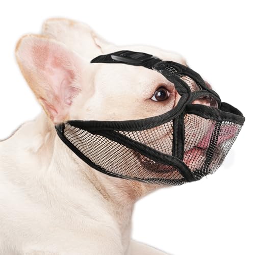 Maulkorb für französische Bulldogge mit weichem Netz, offenes Augenloch, kurze Schnauze, Hundemaulkorb für kleine, mittelgroße und große Hunde, um Fressen zu verhindern (S, Schwarz) von OHCOZZY